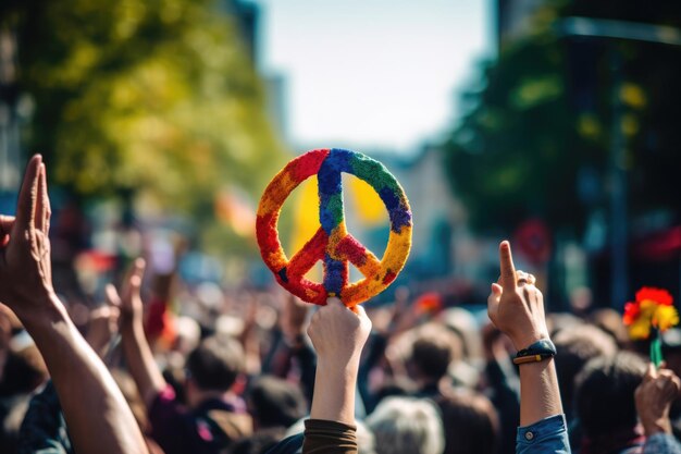 Foto hippie persona icona folla amore felice simbolo di pace marcia segno protesta