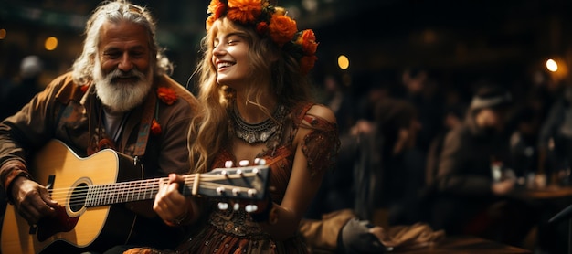 Photo hippie plays guitar in the forest generative ai