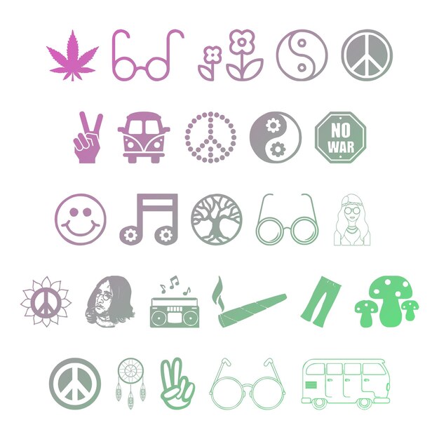 hippies icons items gradient effect photo jpg vector set