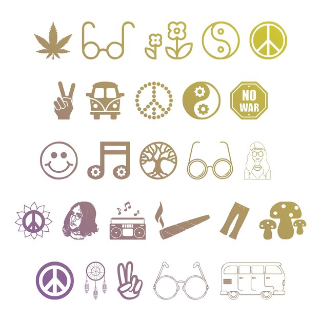 Photo hippies icons items gradient effect photo jpg vector set