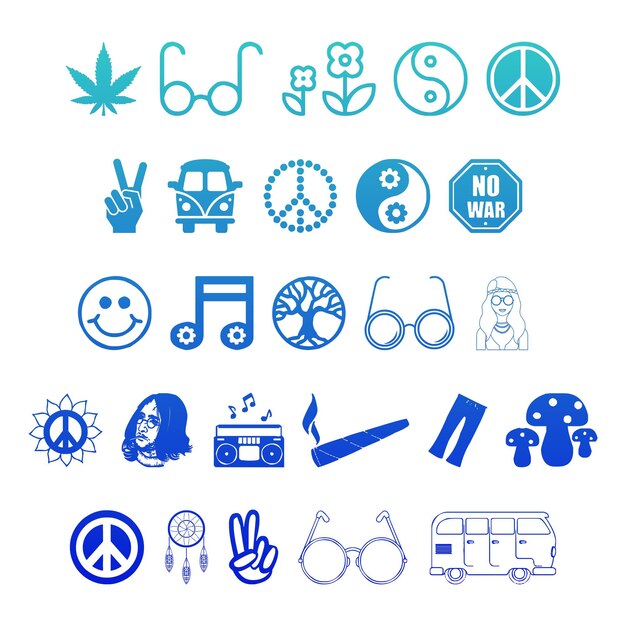 Photo hippies icons items gradient effect photo jpg vector set