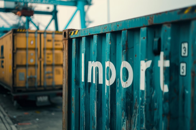 Photo hipping container labeled import detailed texture set in a dockyard