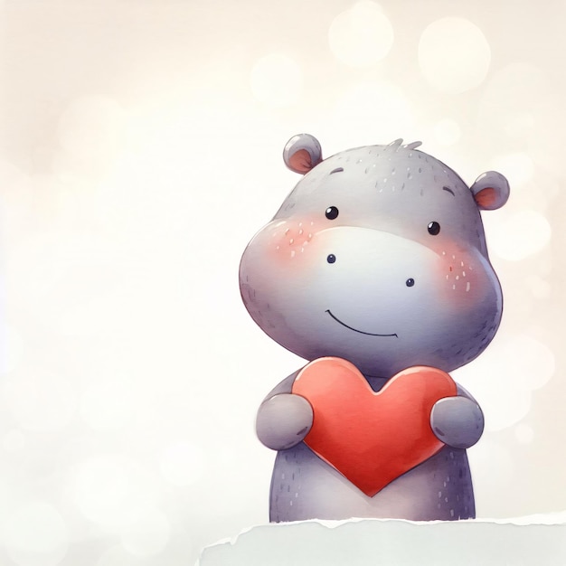 赤い心の愛のカードを握るヒポ動物 イラスト