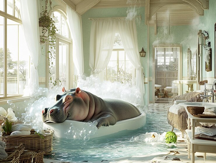 Photo a hippo in the bathtub whimsical magical picture beautiful bathroom