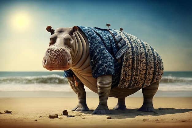 A hippo on the beach with a blue kimono