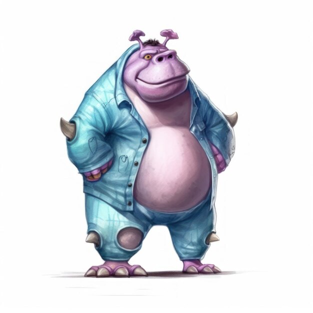 A hippo in a blue jacket