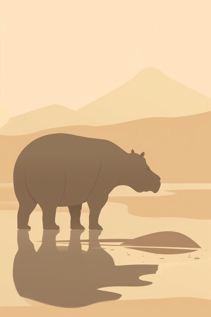 A hippo in a desert with mountains in the background