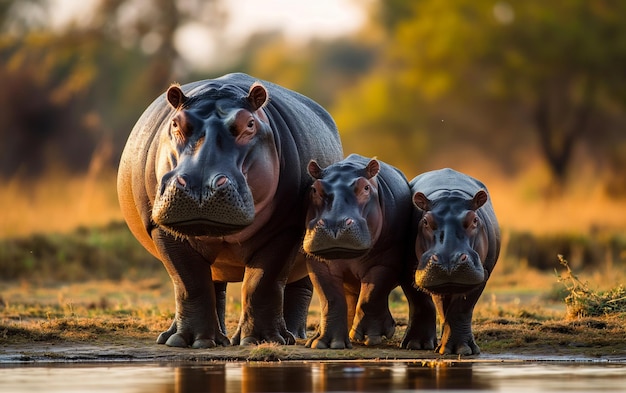 Hippo familystanding on mud in forest Generative AI