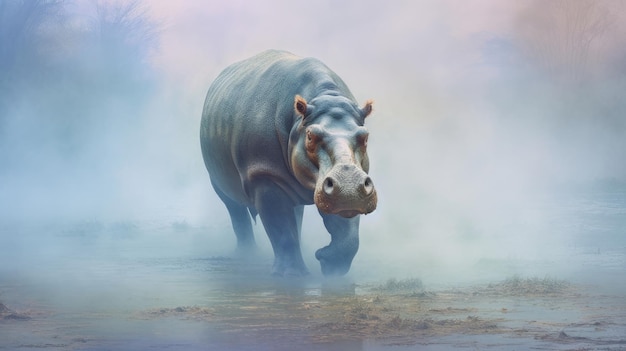 Foto l'ippopotamo nella nebbia