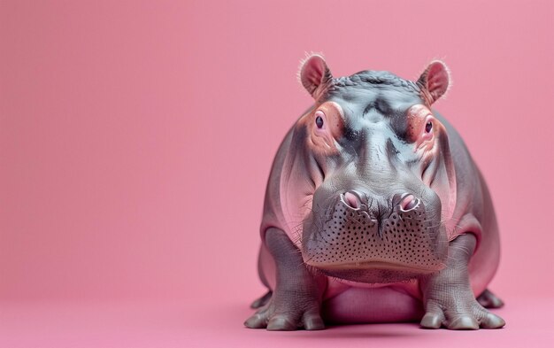 Hippo front view sitting on pink background Generative AI