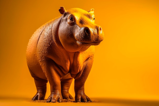 A hippo is standing on a yellow background.