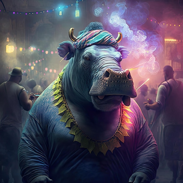 Hippo man in disco with lights of various colors