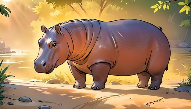 hippo in nature hand drawn style ai generated