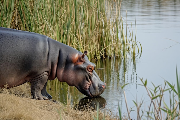 Hippo near water river bank and reeds