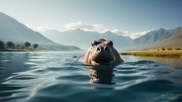 Hippo ondergedompeld in water met bergen