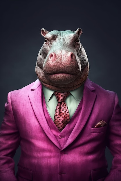 A hippo in a pink suit with a shirt that says hippo.