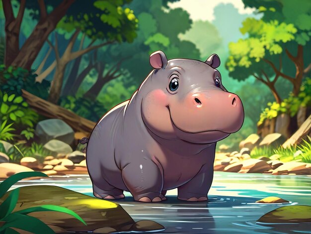 a hippo in a river with trees in the background