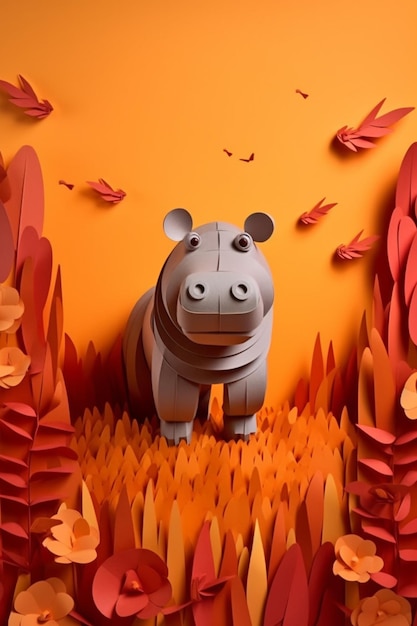 A hippo stands in a field of leaves and the sun is shining