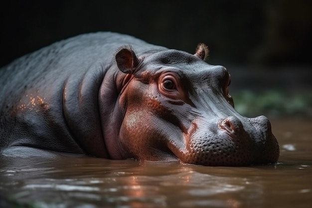 A hippo swims in a pond