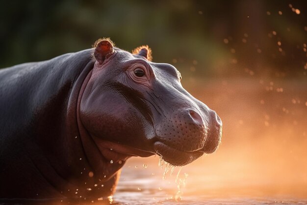 A hippo in the water at sunset