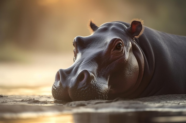 Hippo in the water with the sun behind it