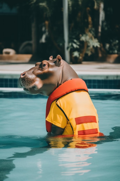 A hippo wearing a life jacket in a pool Generative AI image