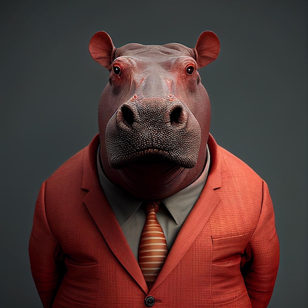 A hippo wearing a red suit and a shirt that says hippo.