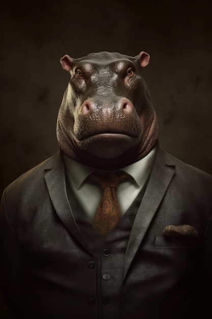 A hippo wearing a suit and tie with the word hippo on it.