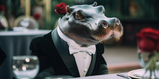 A hippo wearing a tuxedo sitting at a table Generative AI image