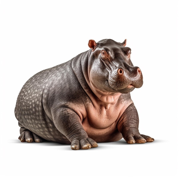 A hippo with a big nose sits on a white background.