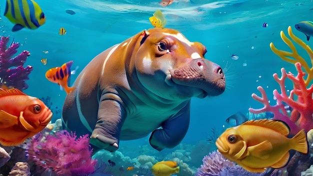 hippo with a grumpy face underwater