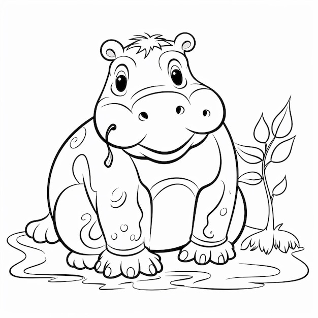 Photo hippopotamu hand drawn cute flat coloring book kawaii line art