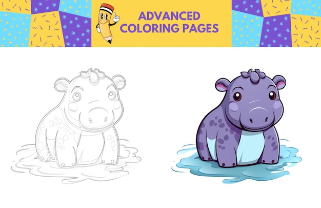 Photo hippopotamus coloring page with colored example for kids coloring book