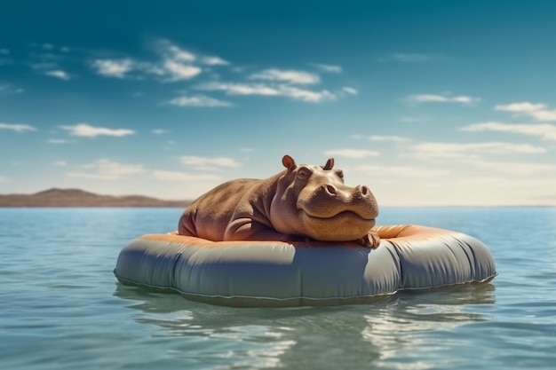 Hippopotamus lying on an inflated mattress at the sea Generative Ai