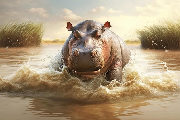 Hippopotamus in a river in the African savannah Created with generative AI technology