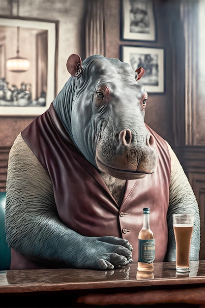 Hippopotamus sits in cafe like a man