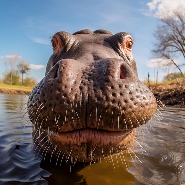 Hippopotamus sniffing the camera face potrait