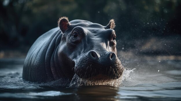 a hippopotamus soaking in a river in the forest