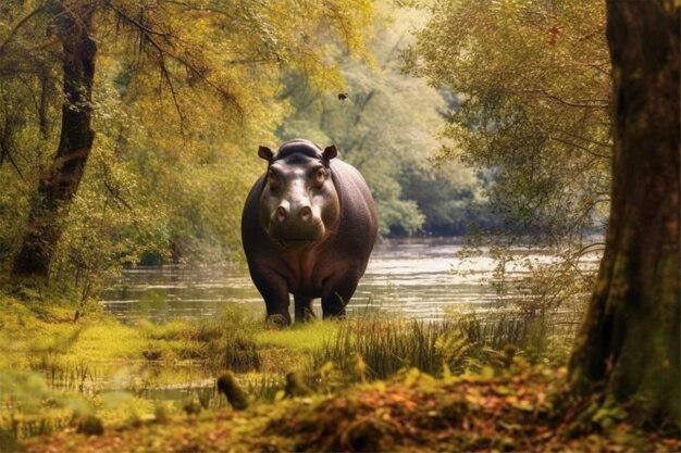 Foto l'ippopotamo in piedi in mezzo al fiume in autunno