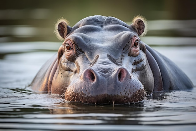 Photo hippopotamus submerged in calm water partially visible with nostrils and eyes above the surface showcasing the serene beauty of these powerful creatures in their aquatic habitat