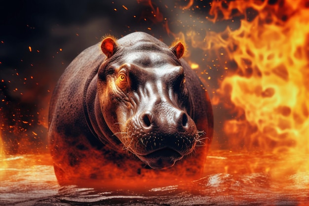 A hippopotamus wades in a body of water while encircled by flames from a forest fire in the background