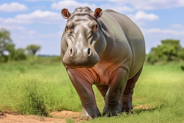 Foto un ippopotamo che cammina in un campo verde