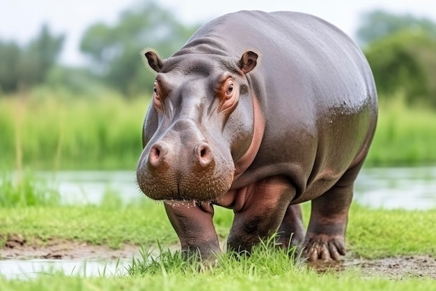 写真 緑の畑を歩くヒポポタムス