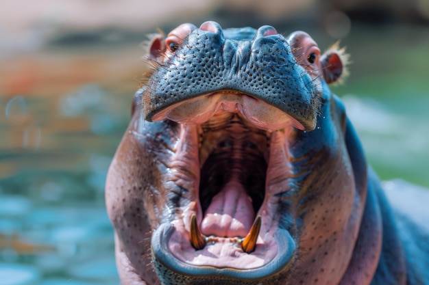 Photo hippopotamus with mouth wide open