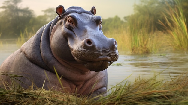 Hippopotamusdier dat in het gras ligt Generatieve AI