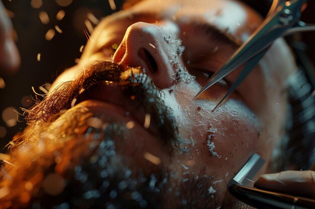 Photo hipster barber trimming beard with precision sciss