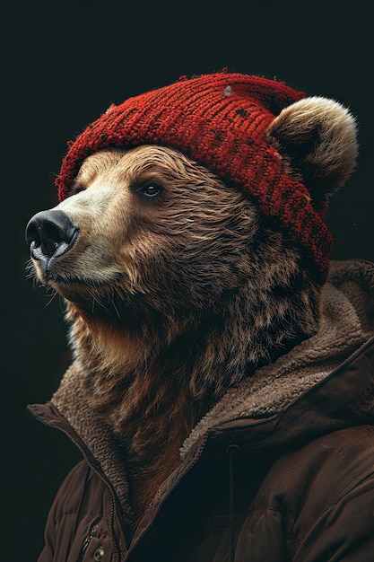 Photo hipster bear in red beanie portrait with attitude