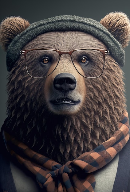 Hipster bear wearing clothes and glasses Rabbit portrait Generative ai