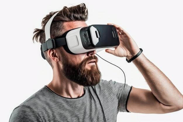 Hipster bebaarde man in grijs sweatshirt met virtual reality g