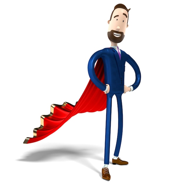 Hipster cartoon businessman with red mantle bravery courage superhero concept 3D illustration